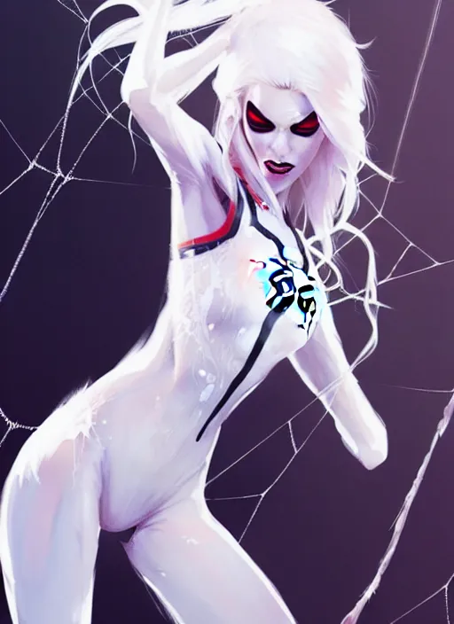 Prompt: ultradetailed beautiful painting of a stylish, white haired girl in spider man suit, by conrad roset, greg rutkowski and makoto shinkai trending on artstation