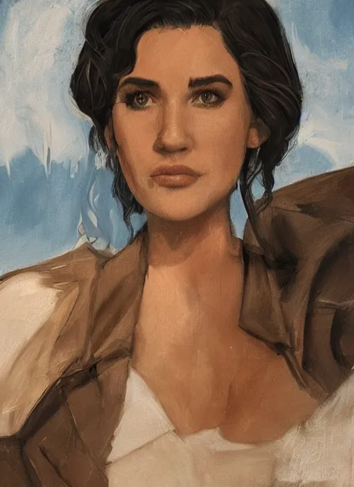 Image similar to detailed artwork by phil noto ; stylized painting of young jennifer connelly from the rocketeer ; brush texture ; asymmetric composition ; paint texture ; trending on artstation ; gallery painting by phil noto, comic style