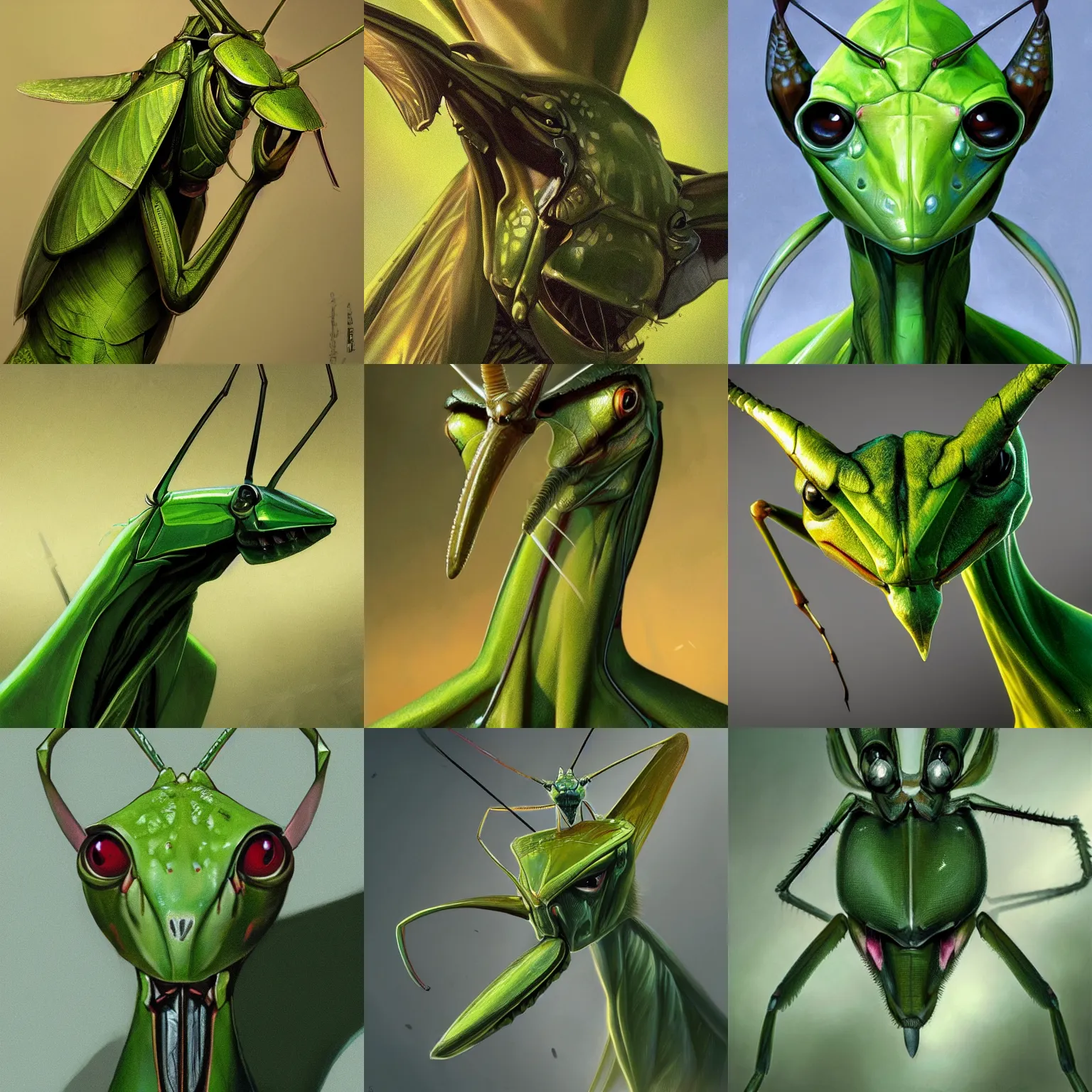 Prompt: stunning portrait of a green photorealistic mantis religiosa ; powerful front raptoriales ; hard predatory look ; d & d rogue ; flat triangle - shaped head with antennae ; concept art ; artstation ; 8 k ; wallpapers ; heavy contrast ; cinematic art ; cgsociety ; art by greg rutkowski