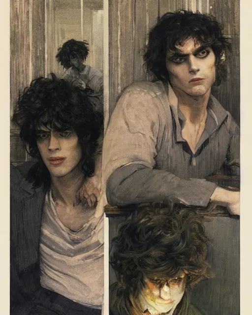 Image similar to two handsome but sinister young men in layers of fear, with haunted eyes and wild hair, 1 9 7 0 s, seventies, wallpaper, a little blood, moonlight showing injuries, delicate embellishments, painterly, offset printing technique, by coby whitmore, jules bastien - lepage