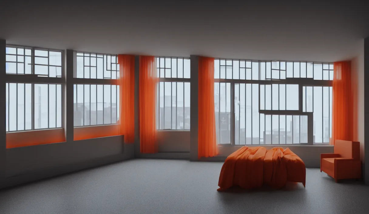 Image similar to a room in a brutalist building with small windows, orange neon lights, dramatic lighting, hyper realistic, photography, 3 5 mm, kodak film, 8 k, cg render, octane render, unreal engine render
