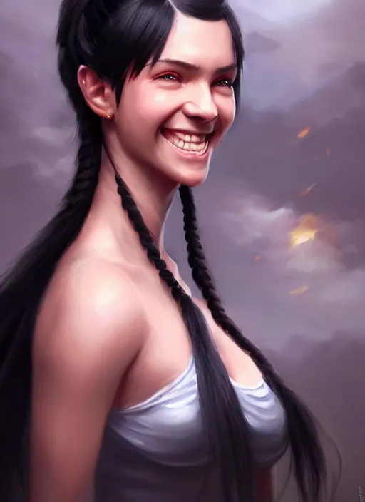 Prompt: a _ fantasy _ style _ portrait _ painting _ of girl, ponytail black hair, smile, round face, rpg dnd oil _ painting _ unreal _ 5 _ daz. _ rpg _ portrait _ extremely _ detailed _ artgerm _ greg _ rutkowski _ greg