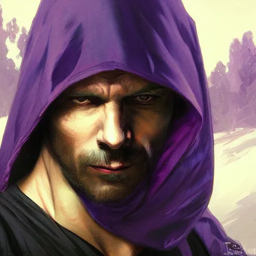 Image similar to ultra realistic illustration, man in a black hood, in a striped purple balaclava, mysterious, highly detailed, digital painting, artstation, concept art, smooth, sharp focus, illustration, art by artgerm and greg rutkowski and alphonse mucha