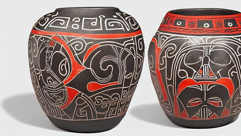 Image similar to a pot with a decorative minoan art style where we can see darth vader