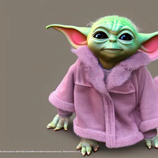 Prompt: baby yoda with long curly pink fur and hair, wearing a dress, 8 k resolution, highly detailed, photo realistic