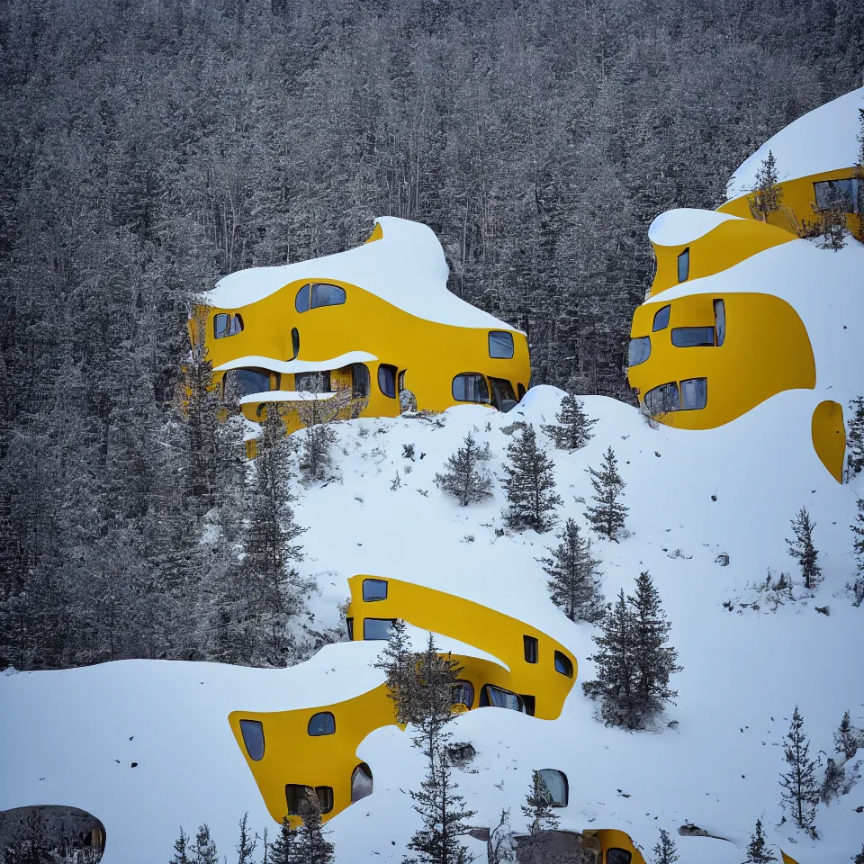 Image similar to a road leading to a mid-century modern house with large windows on top of a cliff in the arctic, covered with snow, designed by Frank Gehry. Big tiles. Film grain, cinematic, yellow hue