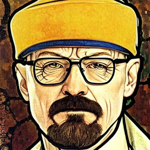 Prompt: detailed art of Walter White with hat and glasses, by Alphonse Mucha and Gustav Klimt
