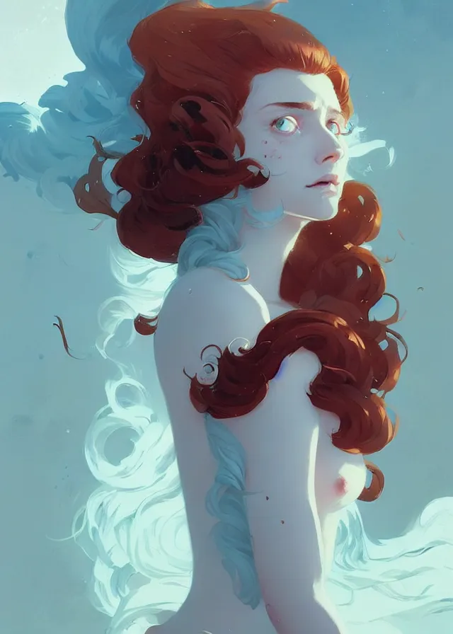 Image similar to beautiful artistic - wave highly detailed full - body portrait female, front facing, long red hair, by atey ghailan, by greg rutkowski, by greg tocchini, by james gilleard, by joe fenton, by kaethe butcher, dynamic lighting, gradient light blue, brown, blonde cream and white color scheme, grunge aesthetic