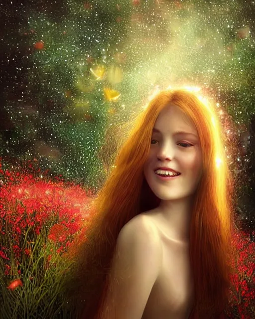 Image similar to a happy young woman looking over shoulder, intricate detailed dress, among the lights of golden fireflies, sitting in the midst of nature, long loose red hair, bright green eyes, small nose with freckles, triangle shape face, smiling, dreamy scene, golden ratio, high contrast, photo realistic digital art by caravaggio and artgerm.