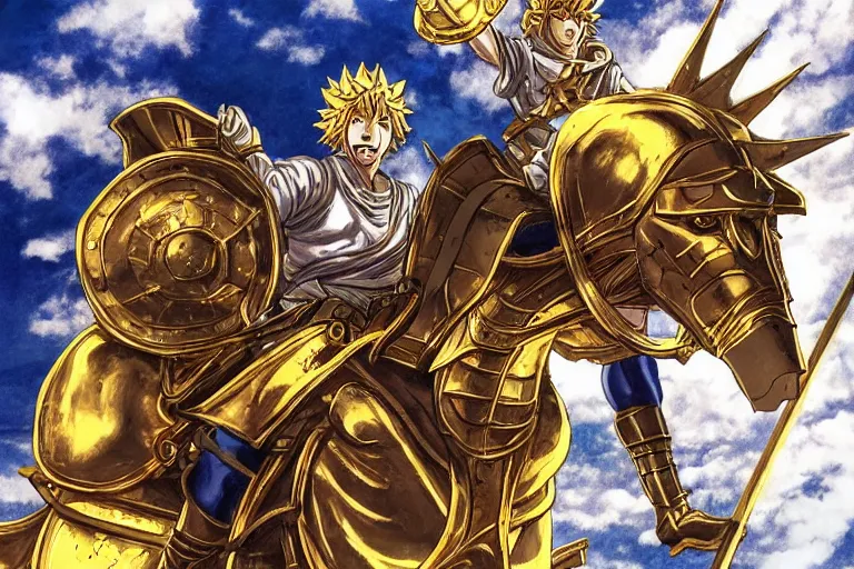 Image similar to an ultra detailed portrait of king richard the lionhearted as a shonen anime protagonist charing into battle wearing bright gold armor and riding a horse bless by god, 8 k, volumetric lighting, art by kentaro miura and akira toriyama