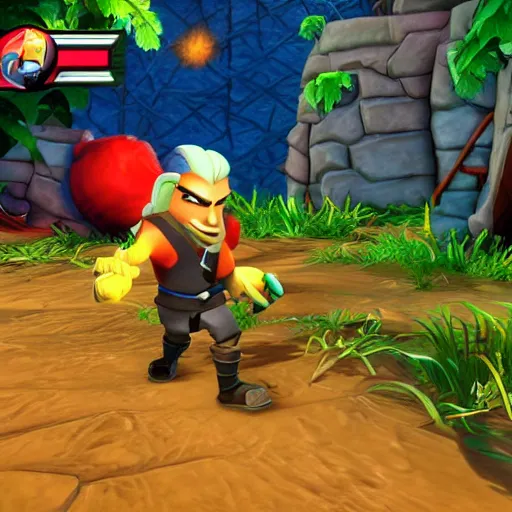 Image similar to Geralt of Rivia in Crash Bandicoot 3: Warped, play station game, screenshot