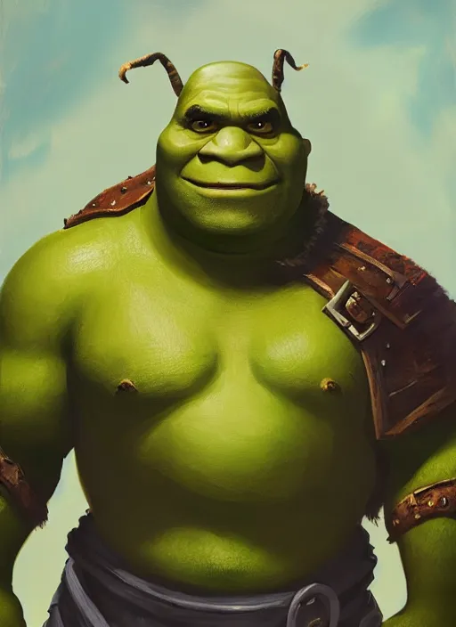 Image similar to oil painting shrek as thrall from world of warcraft, artstation, shrek, epic, dramatic,