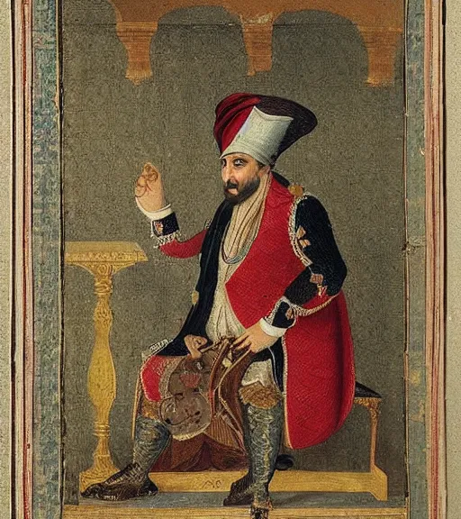 Image similar to 1 8 th century ottoman portrait of a filthy sultan with a turban, living in a giant palace, highly detailed