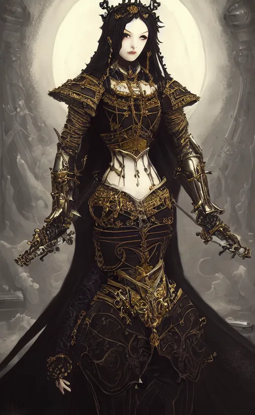 Prompt: alchemy imperial princess knight gothic girl. intricate, centered, amazing composition by amano yoshitaka, by rembrandt, digital art, digital painting, artstation trending, unreal engine