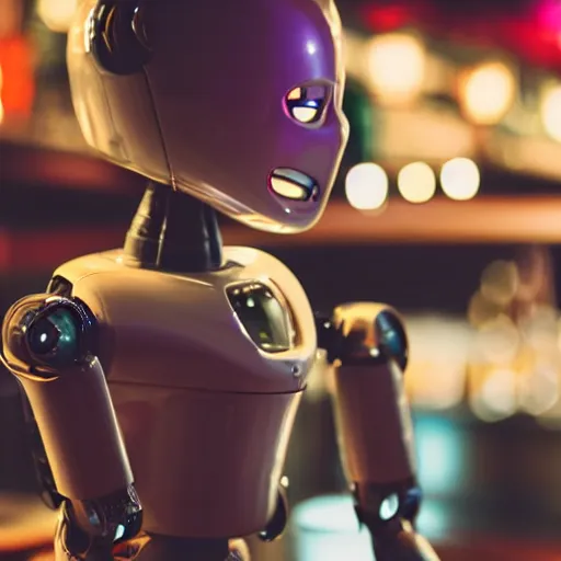 Prompt: a close up photograph of a robot crying alone at a bar, 40mm lens, focused
