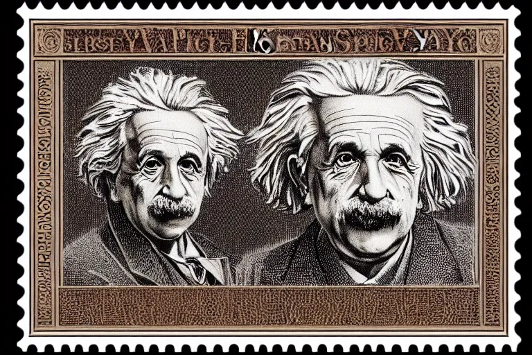 Image similar to an engraved portrait of albert einstein surrounded by intricate equations of theory of relativity, detailed!!! copper - plate engraving in the style of a postage stamp, freemason symbol, fine!!! lines, engraved by alfred sealey, bureau of engraving and printing