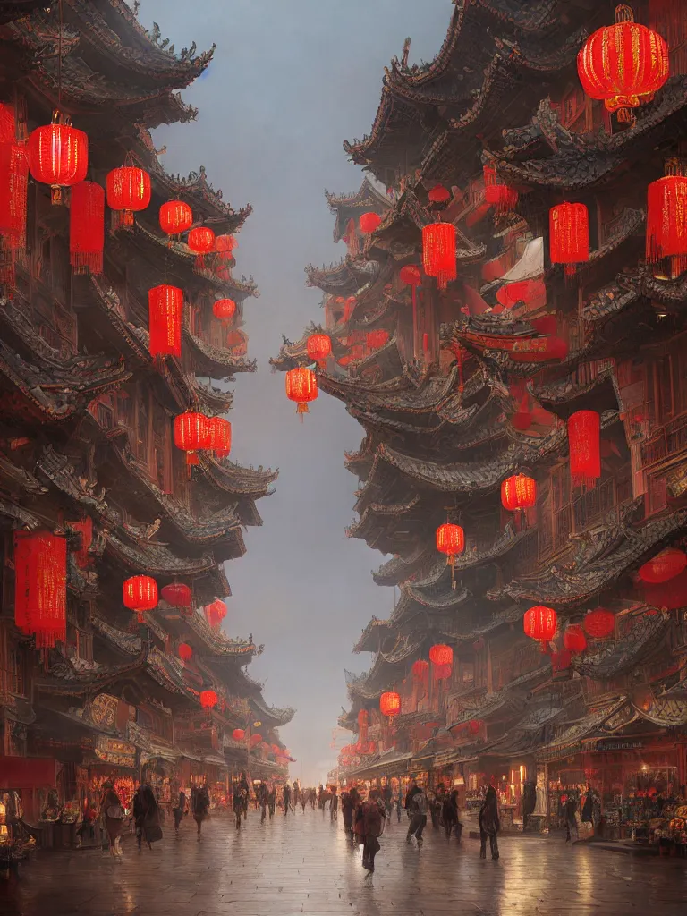 Image similar to epic scenery of a shopping street in the Chinese imperial city, intricate, elegant, volumetric lighting, digital painting, highly detailed, artstation, sharp focus, illustration, concept art, ruan jia, steve mccurry