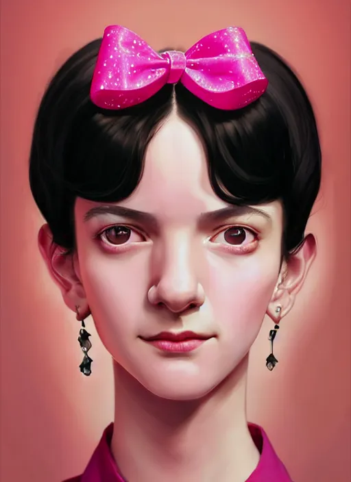 Image similar to portrait of high school girl, realistic, black hair, bangs, half updo hairstyle, pointy nose, skinny, smile, ugly, defined jawline, big chin, pink hair bow, earrings, intricate, elegant, glowing lights, highly detailed, digital painting, artstation, sharp focus, illustration, art by wlop, mars ravelo and greg rutkowski