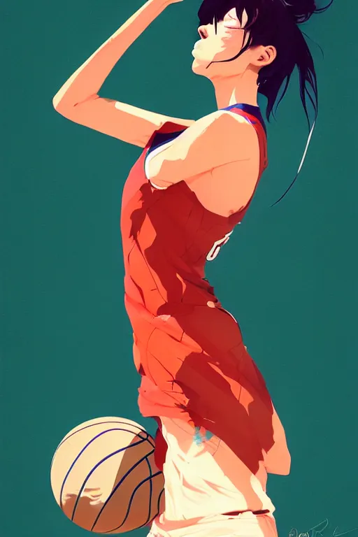 Image similar to a ultradetailed beautiful panting of a woman dribbling a basketball, by conrad roset, greg rutkowski and makoto shinkai, trending on artstation