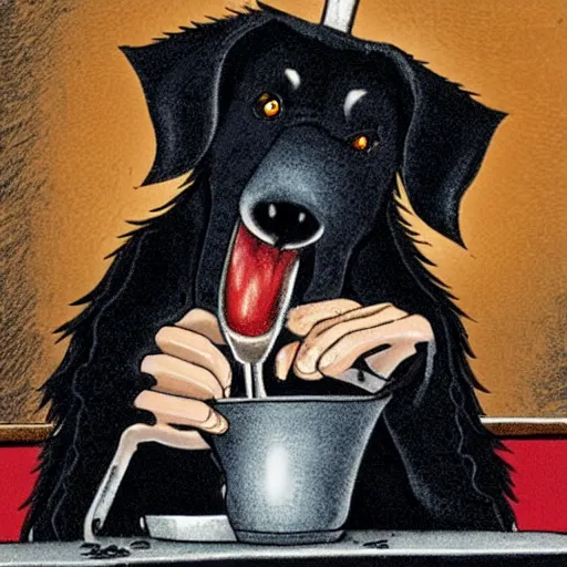 Prompt: a shaggy black dog with vampire fangs drinking at a bar while sitting on a stool. Illustration.