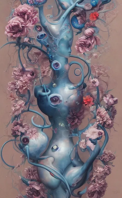 Image similar to a biomorphic painting of a vase with flowers and eyeballs in it, a surrealist painting by Marco Mazzoni, by Peter Mohrbacher, by Dorothea Tanning, pastel blues and pinks, featured on artstation, metaphysical painting, oil on canvas, fluid acrylic pour art, airbrush art,