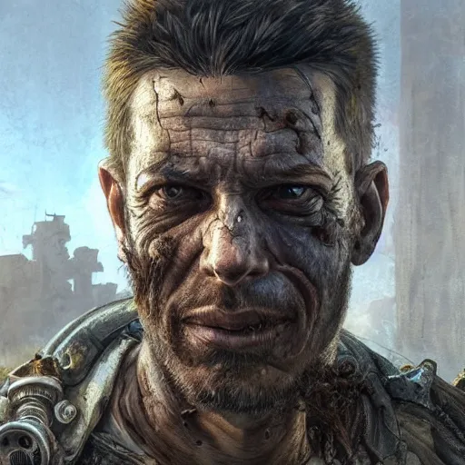 Prompt: portrait painting of a post apocalyptic man, ultra realistic, concept art, intricate details, eerie, highly detailed, fallout, wasteland, photorealistic, octane render, 8 k, unreal engine 5. art by artgerm and greg rutkowski and alphonse mucha