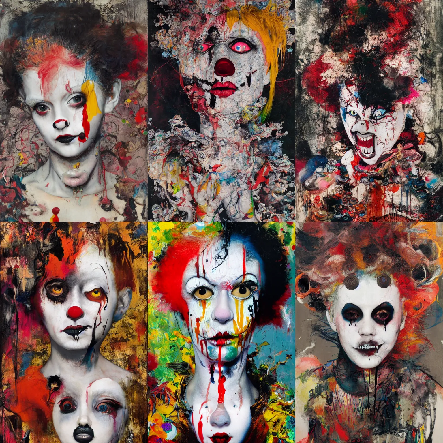 Image similar to clown girl, gothic, rich deep colours, painted by francis bacon, adrian ghenie, james jean and petra cortright, part by gerhard richter, part by takato yamamoto. 8 k masterpiece