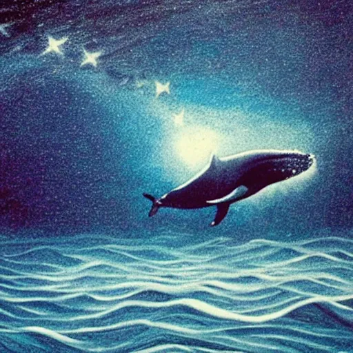 Image similar to portrait of whale swimming on a starry night sky, swimming across the universe, oniric, dreamy, beautiful,