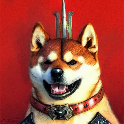 Image similar to anthropomorphic shiba inu, wearing berserk anime skullknight armor and sword, blood aura red light, fantasy, dark, portrait art by donato giancola and greg rutkowski, realistic face, digital art, trending on artstation, symmetry