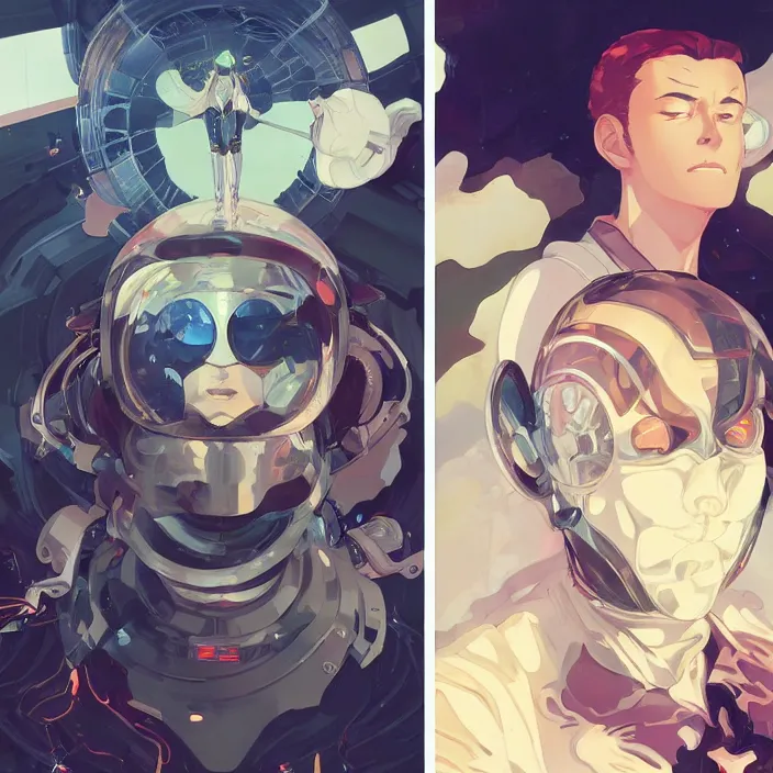 Image similar to anime portrait yor forger, futuristic science fiction, mucha, hard shadows and strong rim light, art by jc leyendecker and atey ghailan and sachin teng