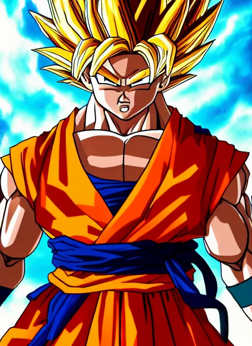 Image similar to a full portrait photo of super saiyan son goku, f / 2 2, 3 5 mm, 2 7 0 0 k, lighting, perfect faces, award winning photography.