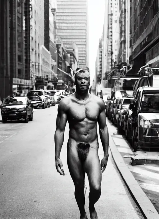 Image similar to portrait of tarzan walk on the street of new york, by charlotte grimm, natural light, detailed face, beautiful features, symmetrical, canon eos c 3 0 0, ƒ 1. 8, 3 5 mm, 8 k, medium - format print, half body shot