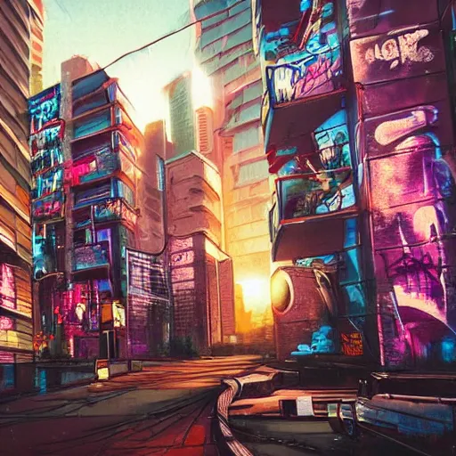 Prompt: beautiful graffiti on a wall in a cyberpunk city, happy mood, futuristic, high detail, sunset, realistic