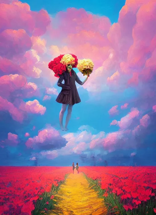 Image similar to woman with a giant carnation head, flower field, surreal photography, sunset dramatic light, impressionist painting, colorful clouds, blue sky, digital painting, artstation, simon stalenhag