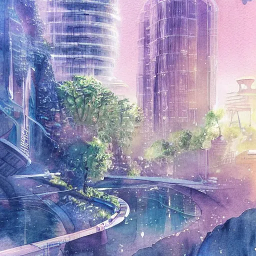 Image similar to Beautiful happy picturesque charming sci-fi city in harmony with nature. Beautiful light. Water and plants. Nice colour scheme, soft warm colour. Beautiful detailed watercolor by Lurid. (2022)