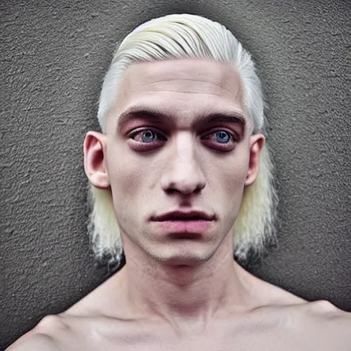 Image similar to color photo of a full platinum blond weirdo, shaved eyebrows, no eyebrow, pale skin, neurofibromatosis, realistic, high detail, high quality, trending on pinterest