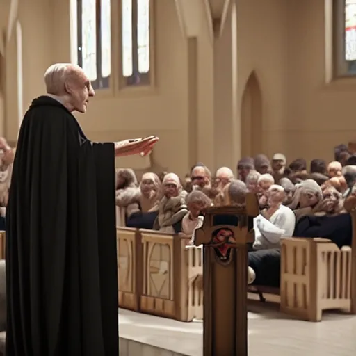 Image similar to emperor palpatine preaching to people at church, 8k cinematic lighting, very sharp detail, anatomically correct