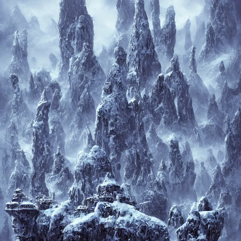 Image similar to deserted frozen stonepunk cityscape of cyclopean towers and cephalopod castles in the mountains of antarctica, upward cinematic angle, by p. craig russell, rodney matthews, frank frazetta and michael kaluta, fantasy art, snowy atmosphere, heavy winter aesthetics, stunning composition, alien faces, monstrous behemoth statues of animal gods, intricate, strange, elegant, digital art, hyperdetailed, colorful hyperrealism, brilliant photorealism, masterpiece, 8k