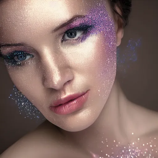 Prompt: canon mark 5, motion blur, realistic character portrait photo of a beautiful woman, muted colours, by britt marling, glitter storm