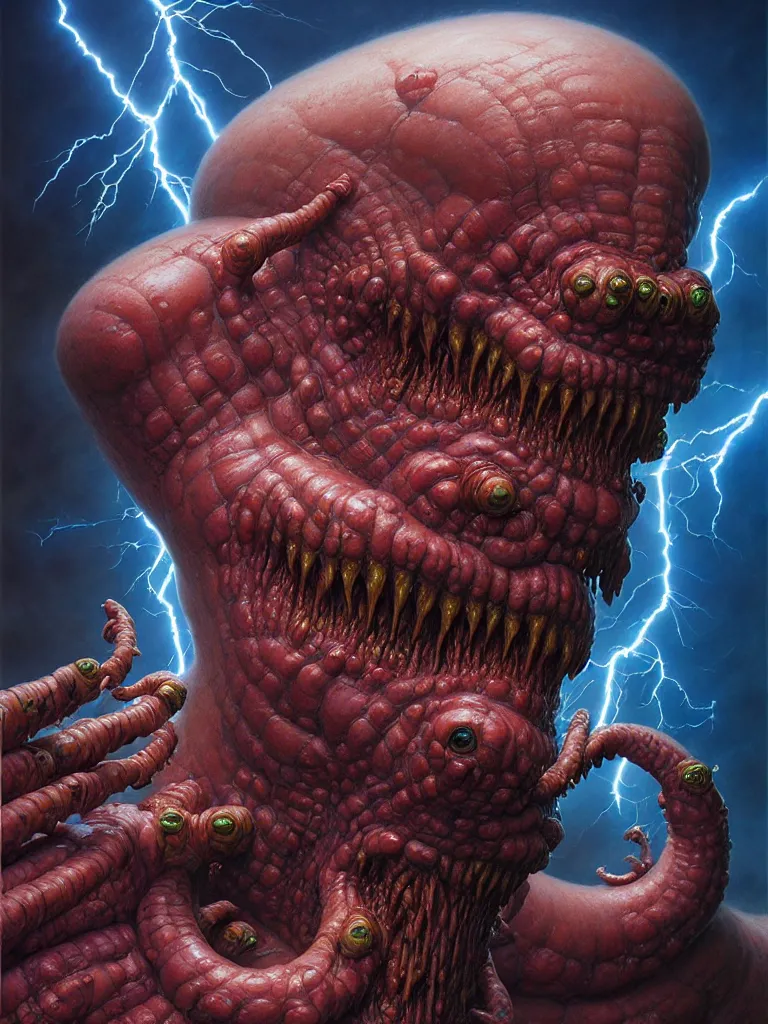 Image similar to hyperrealistic rendering, fat smooth cronenberg flesh monster epic heavy metal overlord by donato giancola and greg rutkowski and wayne barlow and zdzisław beksinski, eyeballs, lightning, magic runes, product photography, action figure, sofubi, studio lighting, colored gels, colored background