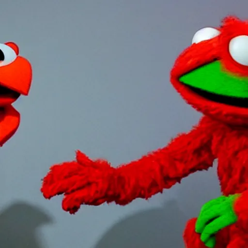 Prompt: elmo has a psychotic break and violently beats kermit to death
