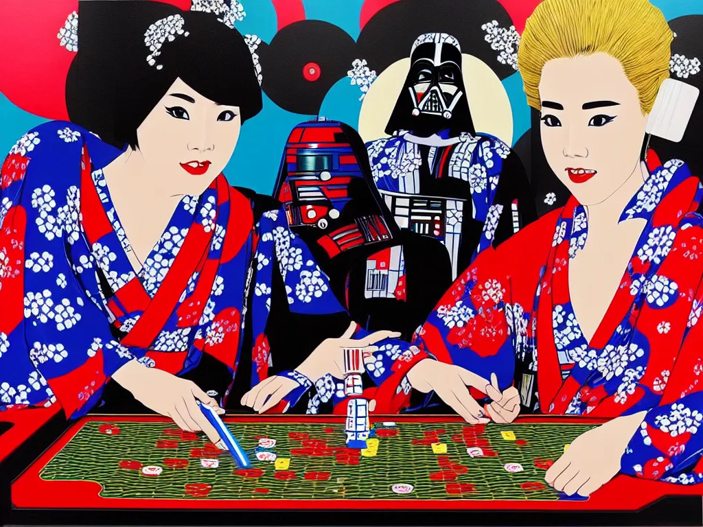 Image similar to hyperrealistic composition of the detailed woman in a japanese kimono sitting at a poker table with detailed darth vader and r 2 d 2, fireworks, mount fuji on the background, pop - art style, jacky tsai style, andy warhol style, acrylic on canvas