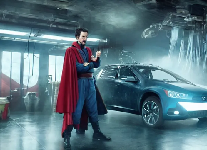 Image similar to film still of Doctor Strange working at a car wash in the new Avengers movie, 4k
