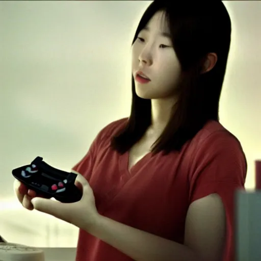 Prompt: a still of HoYeon Jung playing with a NES controller, in the movie Minority Report (2002), highly detailed and intricate, cinematic lighting, 4k HDR