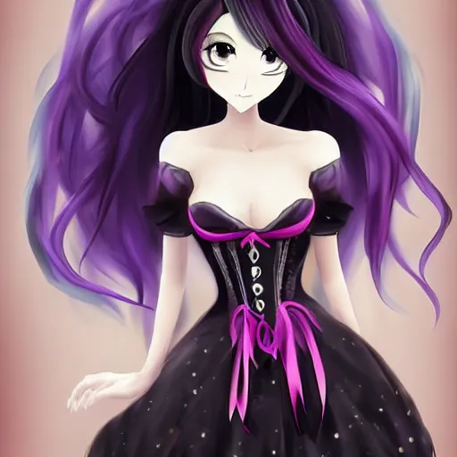 Image similar to a beautiful anime woman with long black hair, wearing a black corset top and a purple tutu, digital art, fantasy art