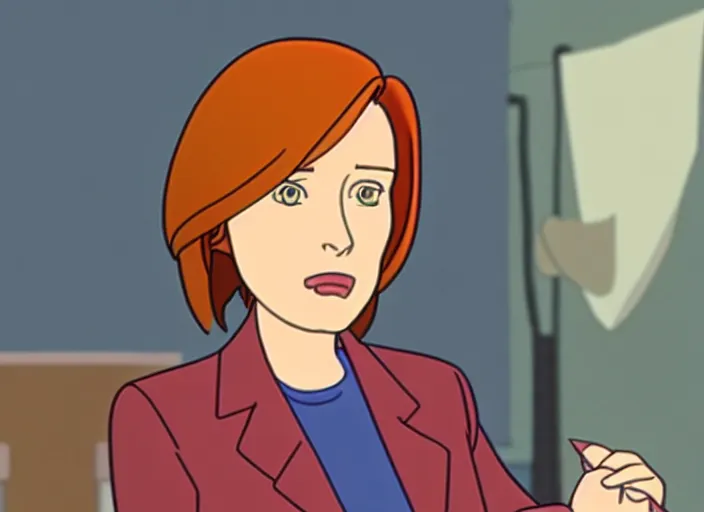 Prompt: an animation still of dana scully, in the style of studio ghibli, traditional animation, sharp detail, animation cel