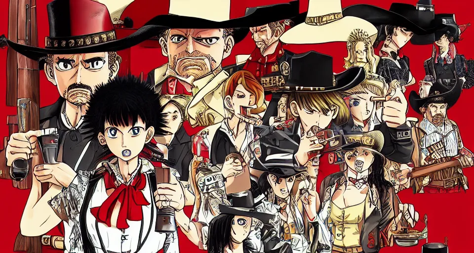 Image similar to detailed ultra sharp, red female sheriff, global lighting, theme saloon from a western, western saloon, booze, revolver, cigars, sheriff sitting in a saloon, all in the style of yoshihiro togashi.