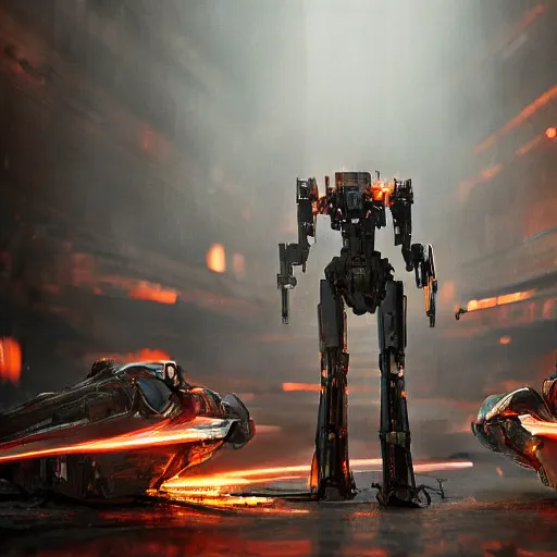 Image similar to mecha made from kitchen utensils, dark messy smoke - filled cluttered workshop, dark, dramatic lighting, orange tint, cinematic, highly detailed, sci - fi, futuristic, movie still from blade runner