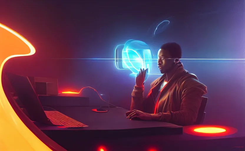 Image similar to handsome black genius hacking the metaverse, holographic keyboard and curved digital holographic displays, luxury interior, electric orange glowing lights, highly detailed, digital painting, artstation, concept art, smooth, sharp focus, illustration, art by wlop, mars ravelo and greg rutkowski