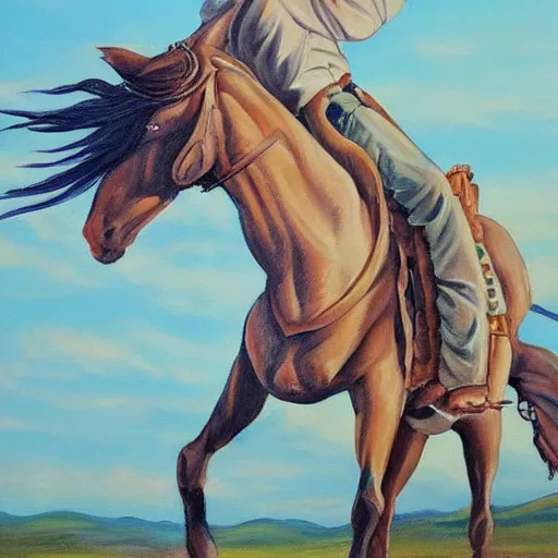 Prompt: a painting of a cowboy riding a seahorse